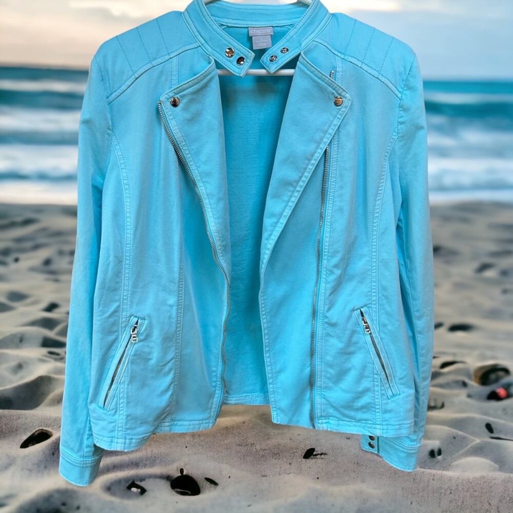 Chico’s Perfect Spring Summer Aqua Stretch Moto Jacket Size 0 Small size 4/6